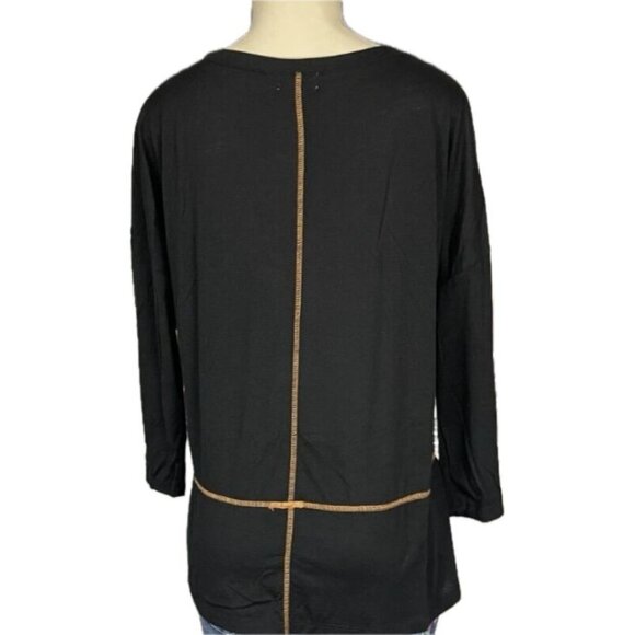 One World L Black Crew Neckline Studded Pumpkin Graphic Relax Fit 3/4 Sleeve Tee - Picture 4 of 6